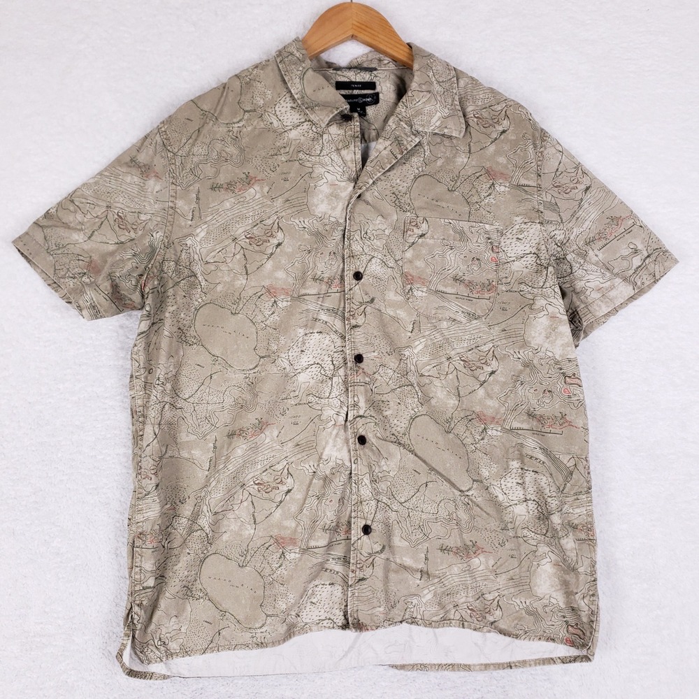 Treasure & Bond Shirt Mens M Trim Fit Tan Topographic Map Print Lyocell Gorpcore